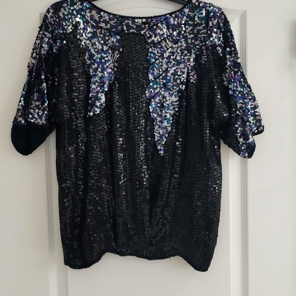 Vintage Silk Sequin Short Sleeve Blouse S Royal Feelings Black Purple Blue Top